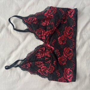 SHEIN Black Lace Bralette with Red Rose Embroidery